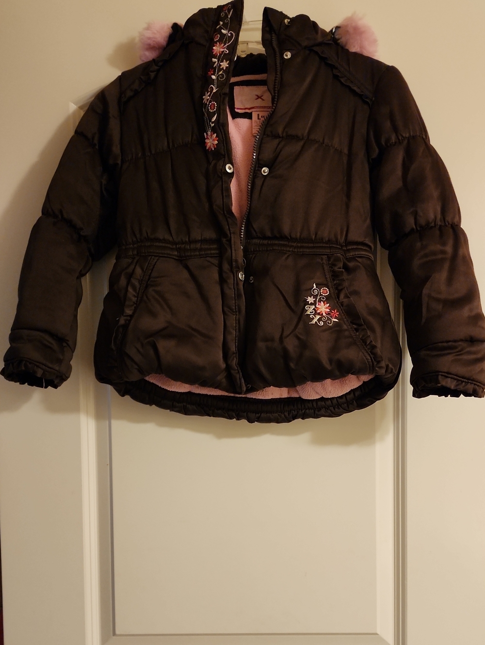 ZeroXposur Girls Brown Puffer Jacket Pink Fleece Linied Hood Fur Trim Size 6X